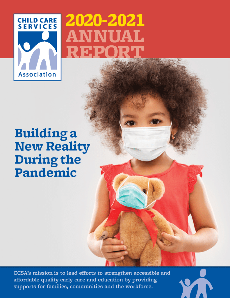 Cover of CCSA 2020-2021 Annual Report featuring a young girl of color holding a teddy bear, both wearing masks